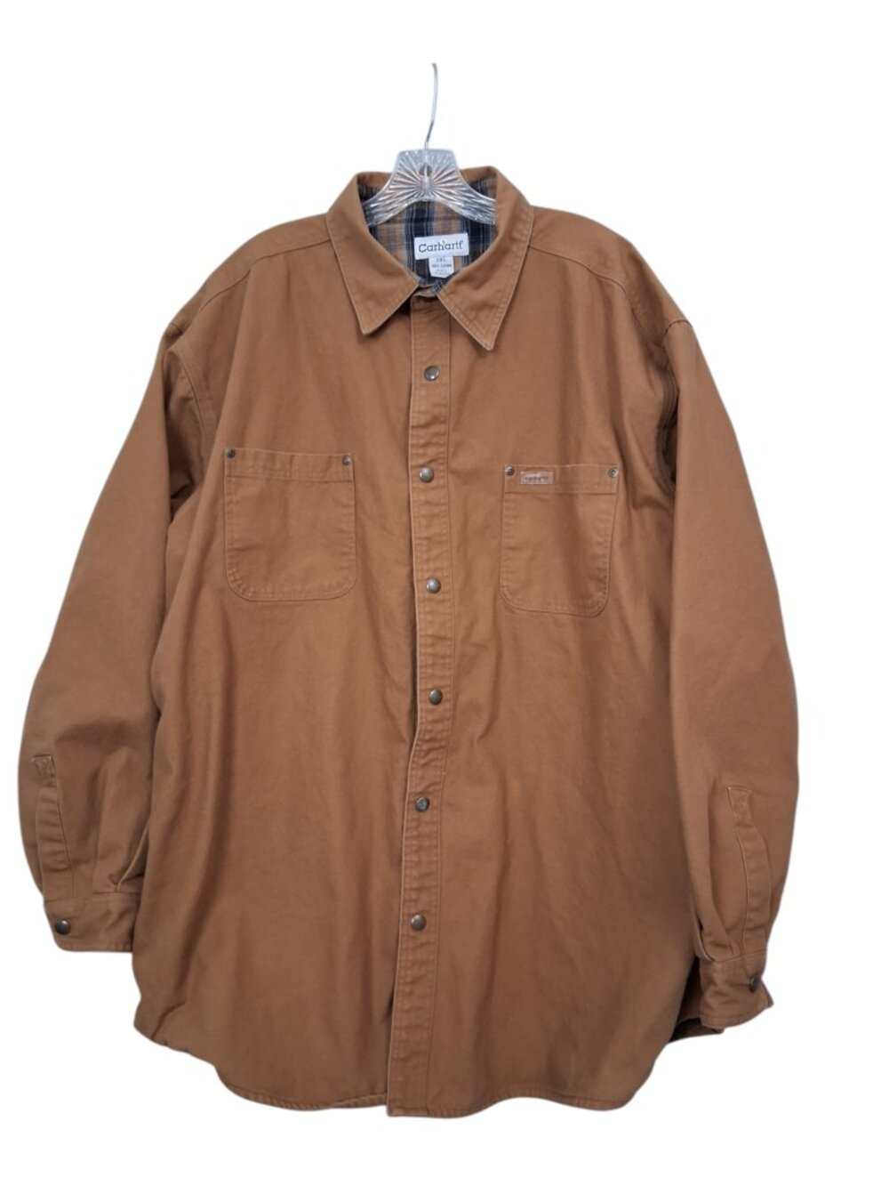 Carhartt S296 BRN Brown Canvas Plaid Flannel Lined Shacket Work Jacket Shirt 2X